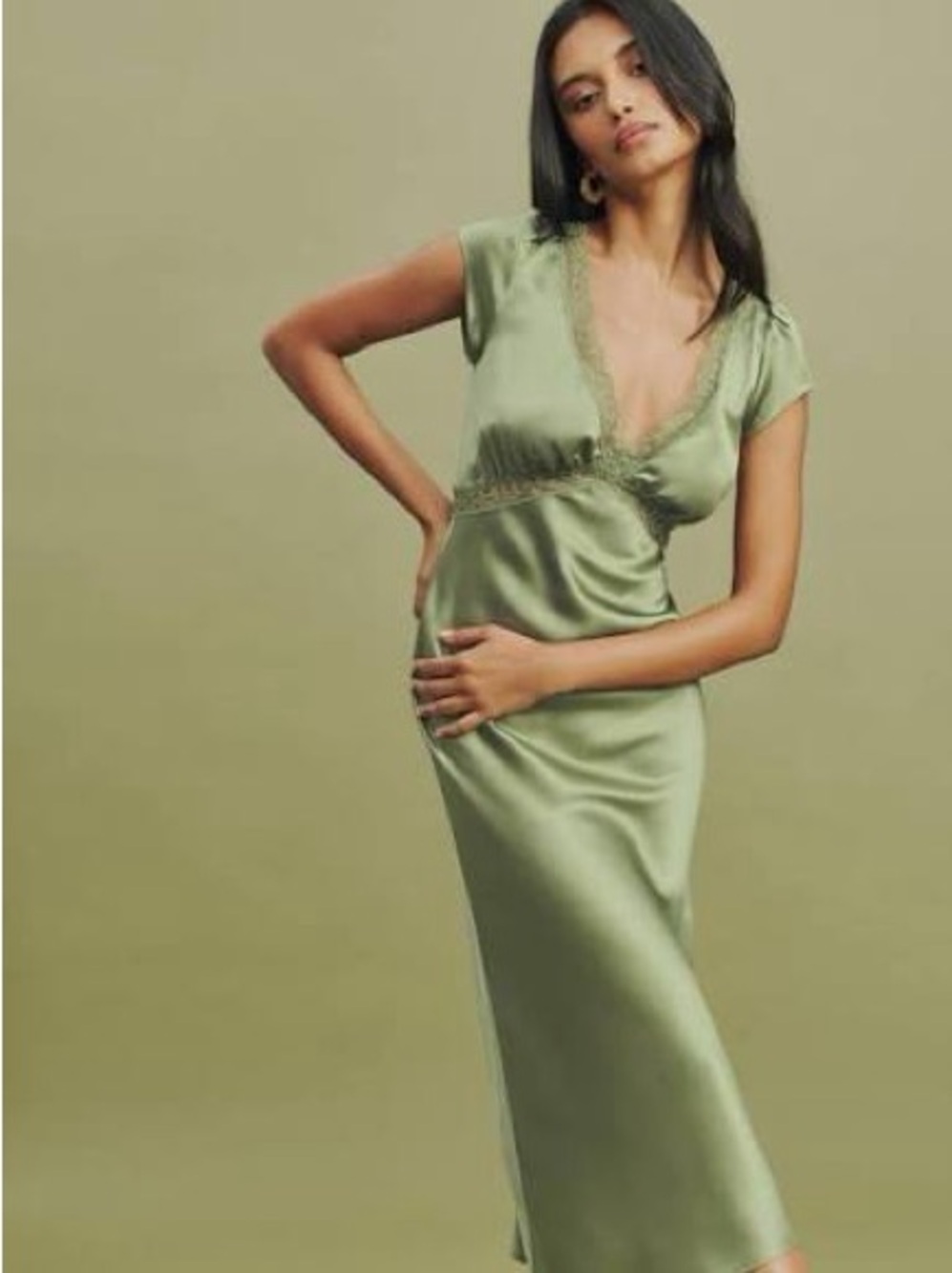 Reformation Coven Olive Green Silk Lace-Trim Midi Dress